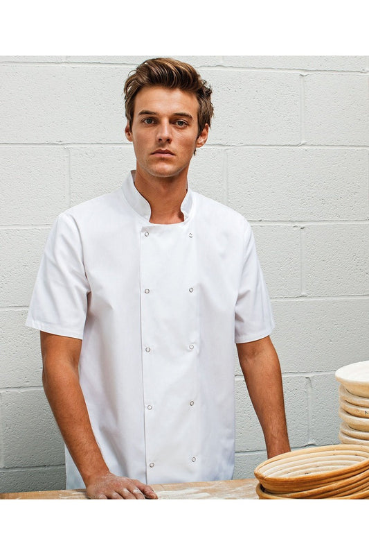 Studded front short sleeve chef's jacket